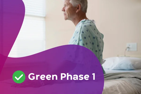 Green Phase 1 title with patient sitting on hospital bed