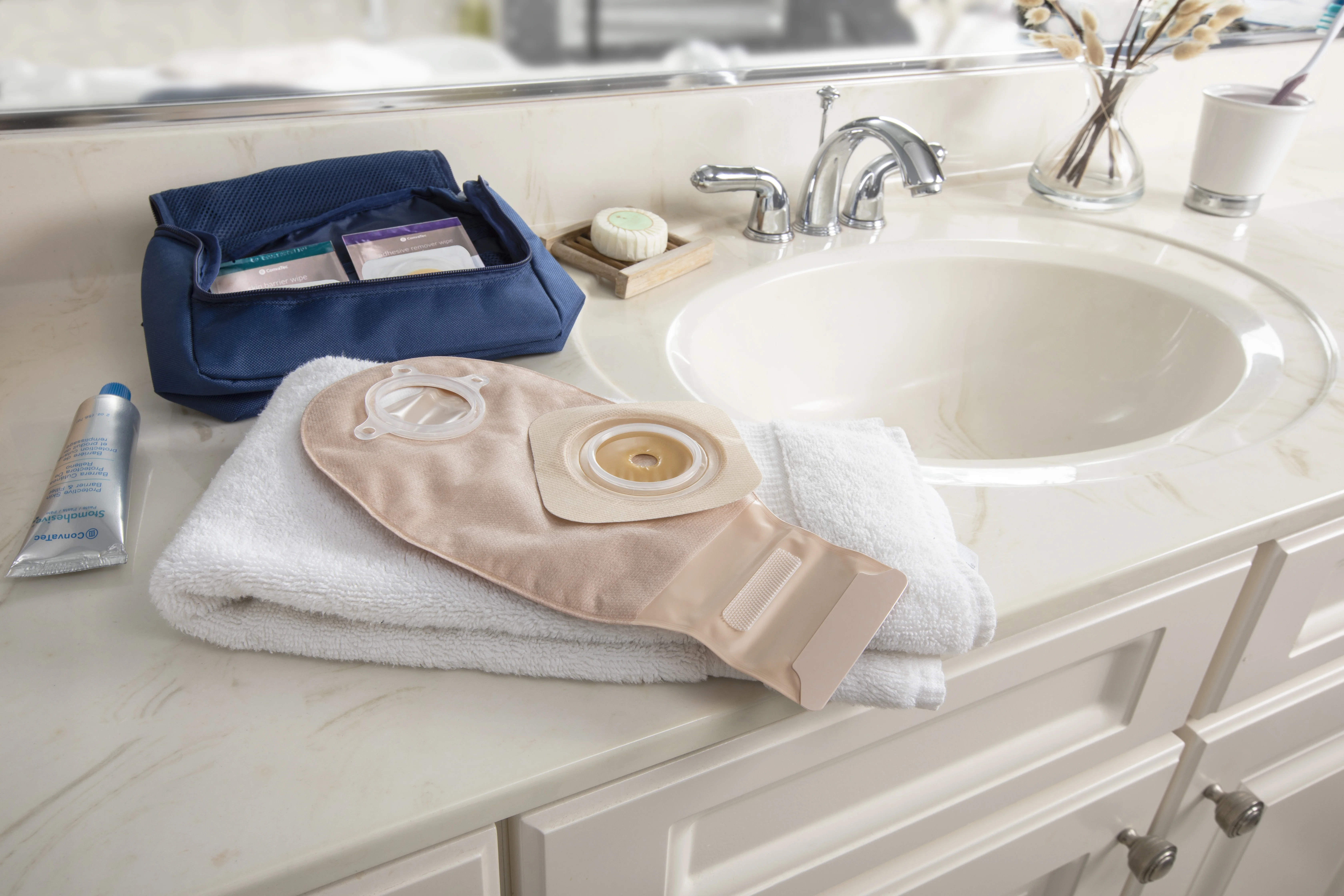 ostomy products on a bathroom counter