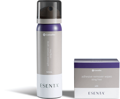 ESENTA™ Spray Dissolvant d'Adhésif Sans Picotement 50 ml et Lingettes x25 - Pour un retrait d'adhésif sans douleur et sans résidus.